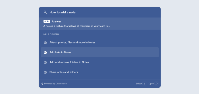 A Chameleon HelpBar showing an AI-generated answer and a list of help center articles for a typed query.