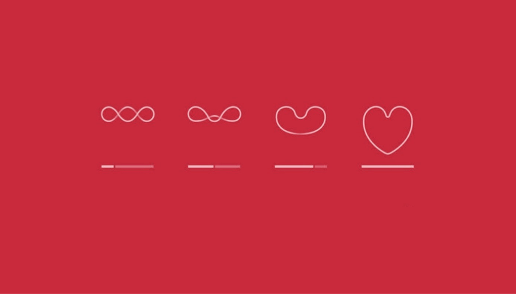 Four abstract line shapes in sequence on a red background, morphing from interlocking loops into a heart outline, from the film Her.