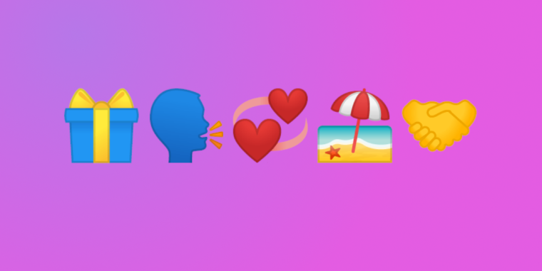 Five emoji icons representing the Five Love Languages on a purple-pink gradient background.