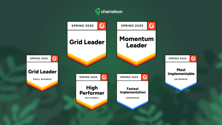 Chameleon's six G2 Spring 2025 award badges: Grid Leader, Grid Leader (Small Business), Momentum Leader, High Performer (Mid-Market), Fastest Implementation (Enterprise), and Most Implementable (Enterprise).