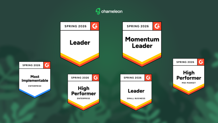 Chameleon's G2 Spring 2026 badges: Leader, Momentum Leader, Most Implementable (Enterprise), High Performer (Enterprise), Leader (Small Business), and High Performer (Mid-Market).