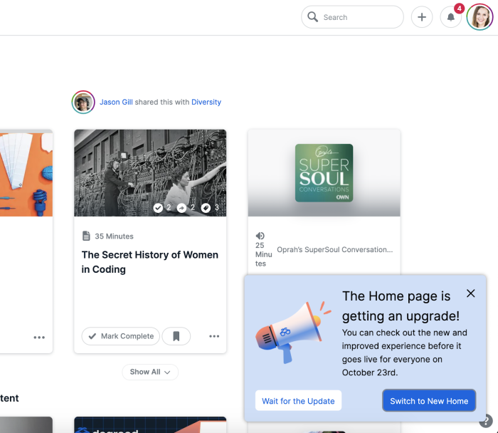 A Chameleon announcement on the Degreed learning platform about an upcoming homepage upgrade, with options to preview it early or wait.