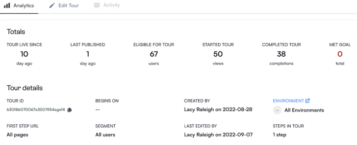 The Chameleon analytics tab for a Tour, showing completion totals and configuration details including segment and environment