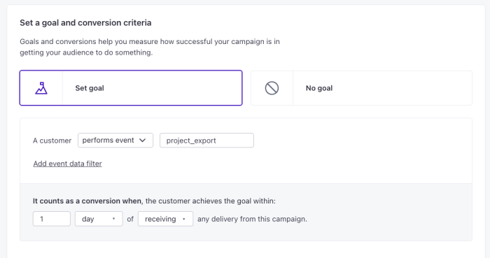 A campaign goal-and-conversion configuration panel with options to set a goal or no goal, and controls to define a conversion event and time window.
