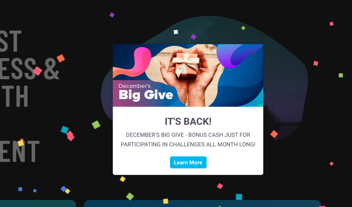 A Chameleon modal on the Topcoder platform promoting a seasonal challenge incentive, with a 