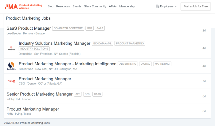 The Product Marketing Alliance job board showing a list of open product marketing roles at companies including Databricks, SimilarWeb, and CSG, with 255 total listings.