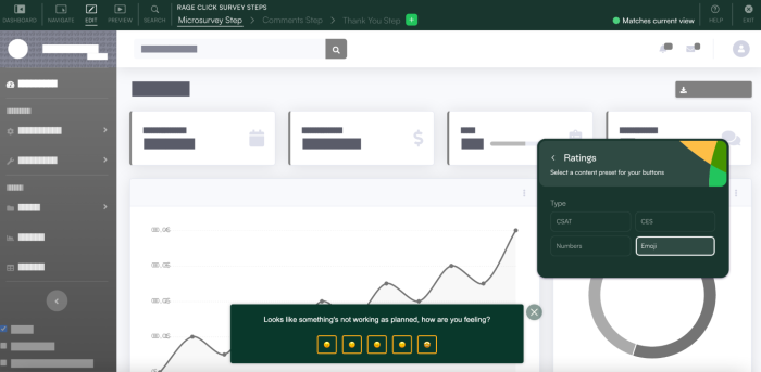 The Chameleon builder configuring a microsurvey to use an emoji rating scale, with a preview of the five-emoji question visible on screen.