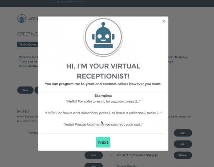 Voxox showcasing an onboarding tour launcher modal that helped boost user activation by 20%. The modal shows the new user how they can use the virtual receptionist, complete with examples.