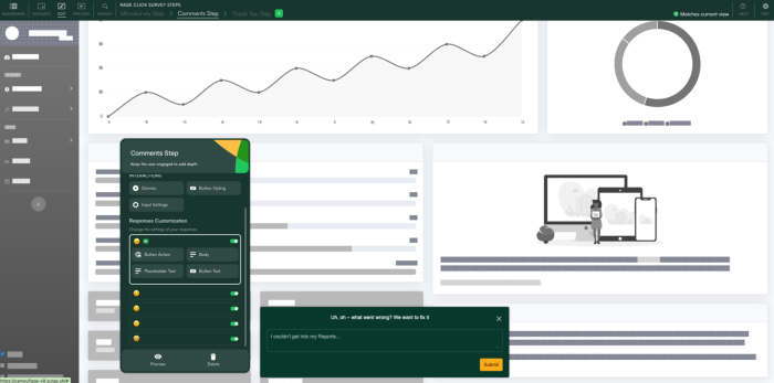 The Chameleon Builder's Comments Step panel for a rage-click microsurvey, alongside a preview asking users to describe what went wrong.