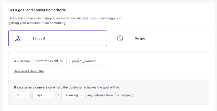 Customer.io's 'Set a goal and conversion criteria' panel, with a trigger event condition and a conversion window configured in days.