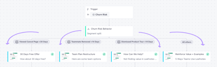 A Customer.io campaign automation flow triggered by a Churn Risk segment, splitting into four behavioral branches each routed to a distinct personalized email campaign.