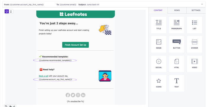 An email editor showing a personalized onboarding email template with merge tag placeholders for dynamic content, alongside a content block panel.