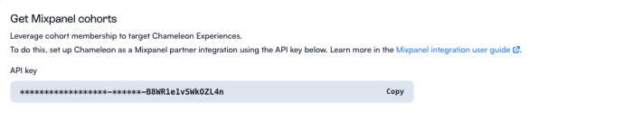 The Chameleon Mixpanel integration settings panel showing an API key field with a Copy button for connecting Mixpanel cohorts