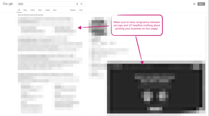 An annotated Google search results page with a callout noting the importance of consistency between ad copy and the landing page headline.