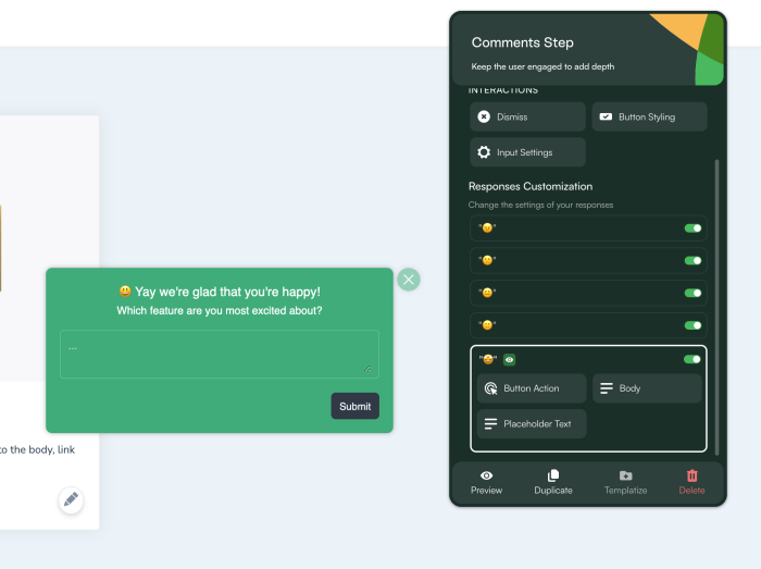 The Chameleon Builder configuring a microsurvey comments step, showing a preview of an open-text feedback popup alongside response customization options with emoji-based toggles.