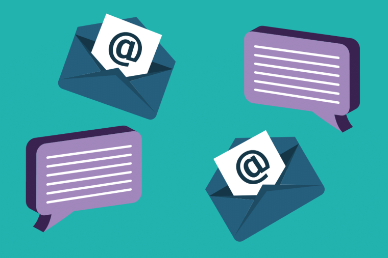 An illustration of email envelopes and in-app message bubbles.