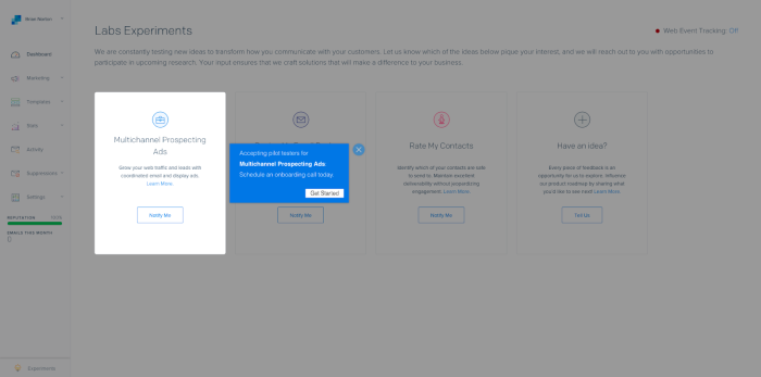A feature pilot recruitment announcement overlaid on a marketing platform's Labs Experiments dashboard, with a 'Get Started' call to action.