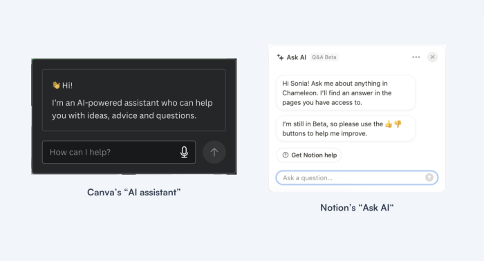 Side-by-side screenshots of Canva's AI assistant and Notion's Ask AI feature, each showing a conversational interface with a greeting message and a text input for user questions.