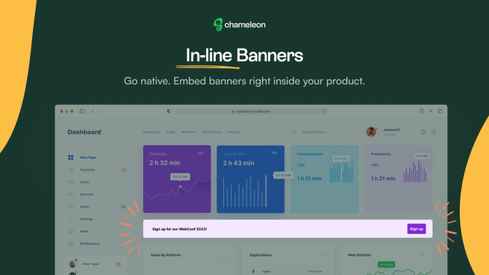 A Chameleon promotional image for In-line Banners, showing a Chameleon embedded Banner with an event registration CTA within a fictional product dashboard.
