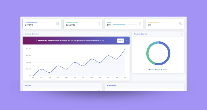 A Chameleon inline banner delivering a scheduled maintenance alert, embedded within a fictional earnings analytics dashboard.