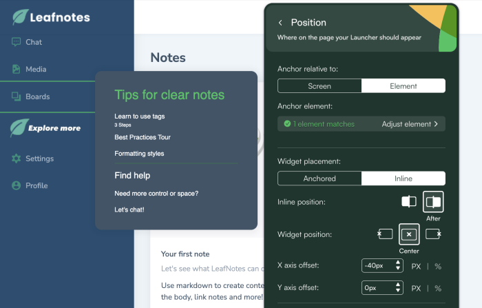 The Chameleon Builder's Launcher position settings with inline widget placement selected, alongside a preview of the Launcher embedded inline in a fictional product