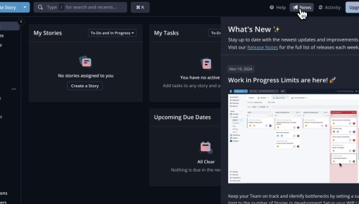 A release notes slideout on the Shortcut project management dashboard, announcing a new feature update.