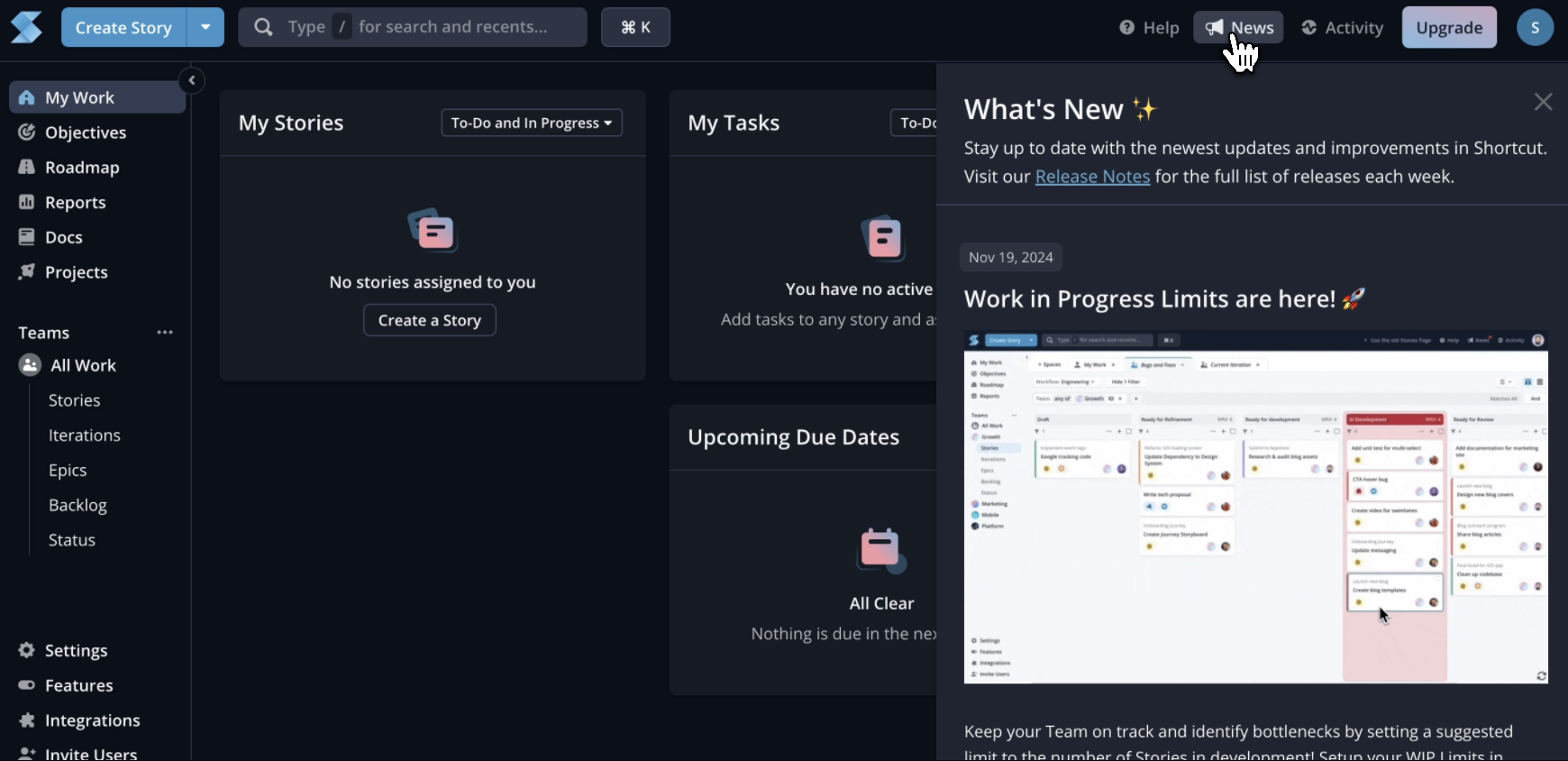 A release notes slideout on the Shortcut project management dashboard, announcing a new feature update.