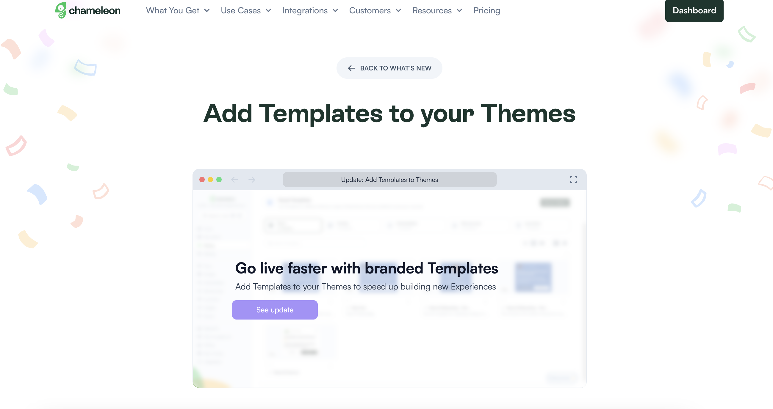 Chameleon's release notes page for the 'Add Templates to your Themes' update, featuring an embedded interactive demo showing a Chameleon feature announcement.