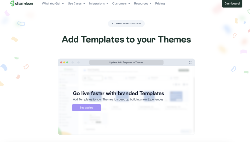 Chameleon's release notes page for the 'Add Templates to your Themes' update, featuring an embedded interactive demo showing a Chameleon feature announcement.