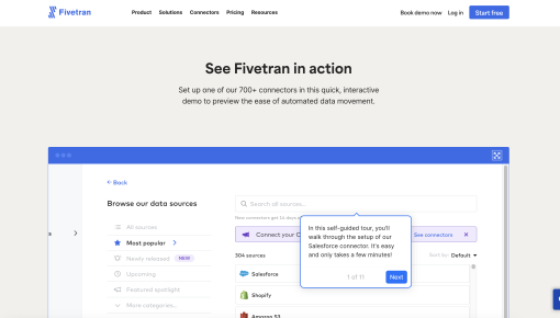 A screenshot of Fivetran's website showing an embedded interactive demo guiding users through data connector setup.