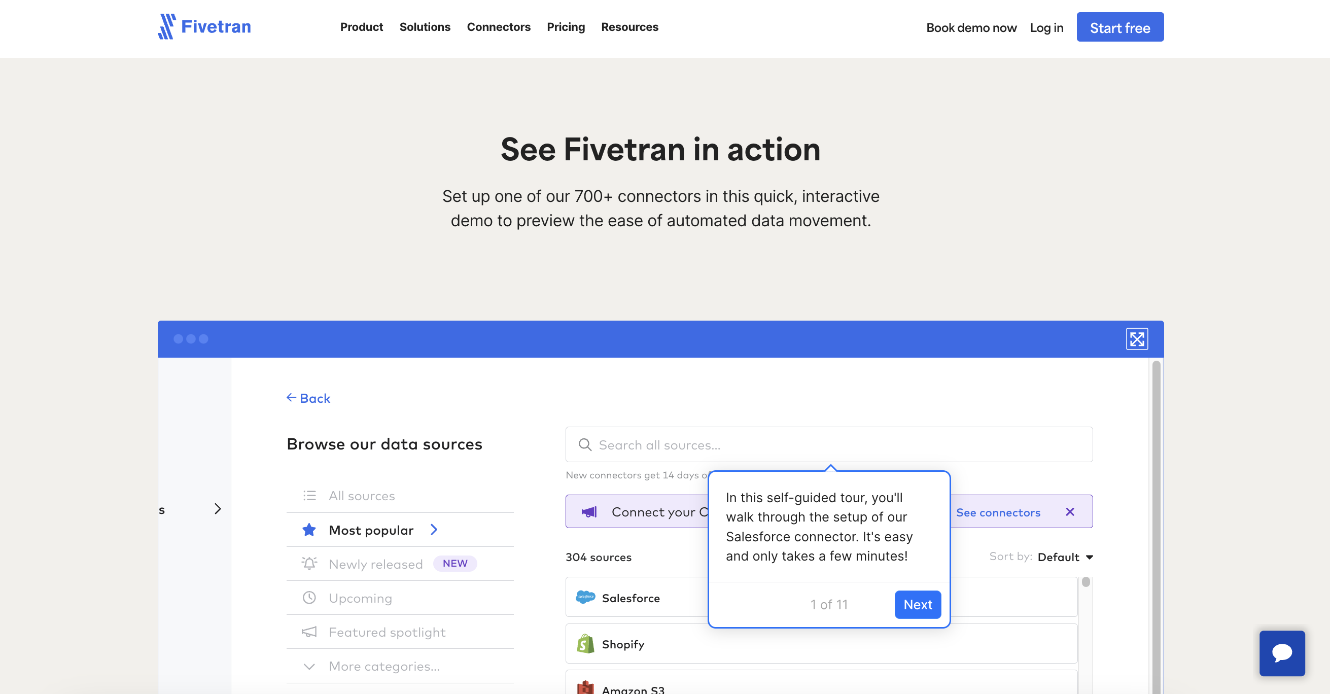 A screenshot of Fivetran's website showing an embedded interactive demo guiding users through data connector setup.