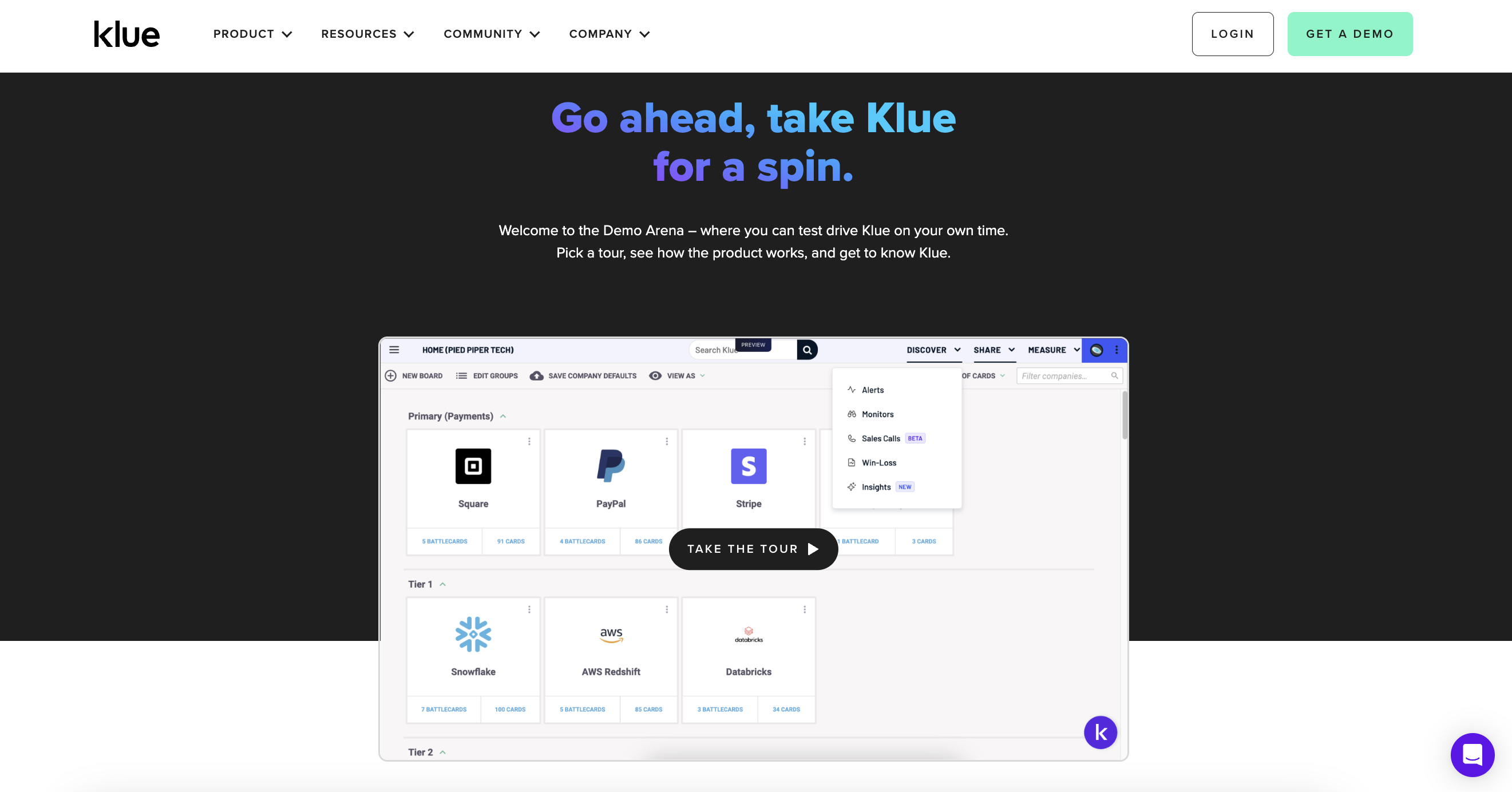 Klue's Demo Arena landing page showing a preview of the Klue platform with competitor tracking boards and a 'Take the Tour' CTA.