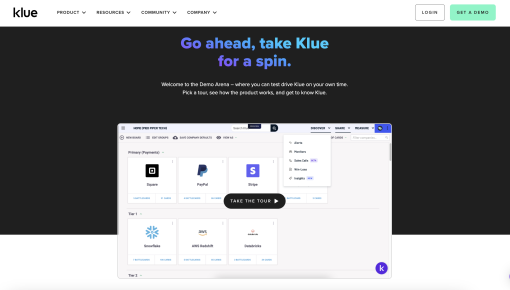Klue's Demo Arena landing page showing a preview of the Klue platform with competitor tracking boards and a 'Take the Tour' CTA.