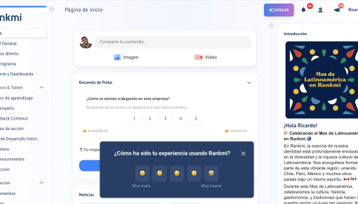 A Chameleon CSAT Microsurvey overlaid on the Rankmi platform, asking users to rate their experience with an emoji scale in Spanish.