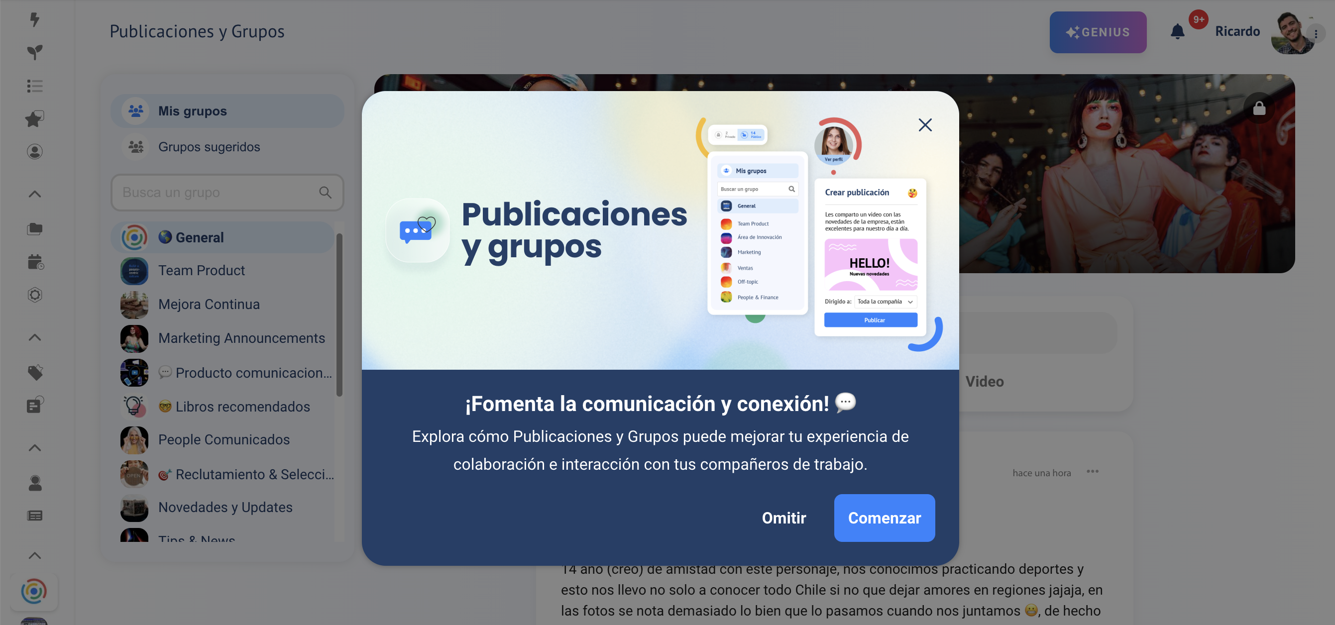 A Chameleon feature announcement modal introducing a group communication feature, with an illustration.