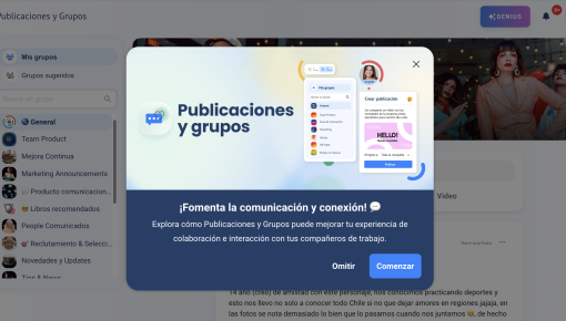 A Chameleon feature announcement modal introducing a group communication feature, with an illustration.