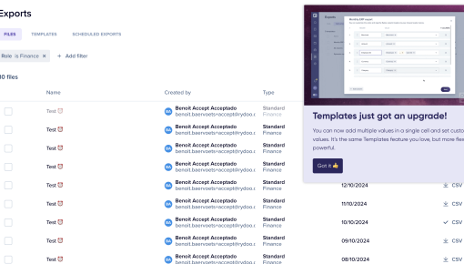 A feature update announcement modal in the Rydoo expense management app, with a media preview and a 