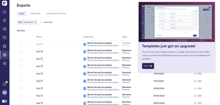 A feature update announcement modal in the Rydoo expense management app, with a media preview and a 