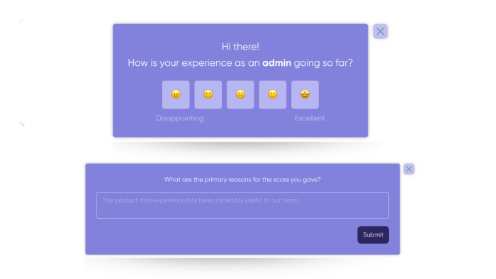A two-step microsurvey collecting admin satisfaction feedback, with an emoji rating scale followed by an open-text follow-up.
