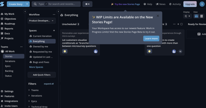 A Chameleon announcement in Shortcut's interface announcing a new feature availability to users.