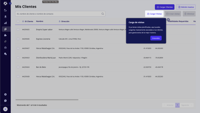 A Chameleon announcement in SimpliRoute's app providing contextual guidance on uploading visits to the customer list.