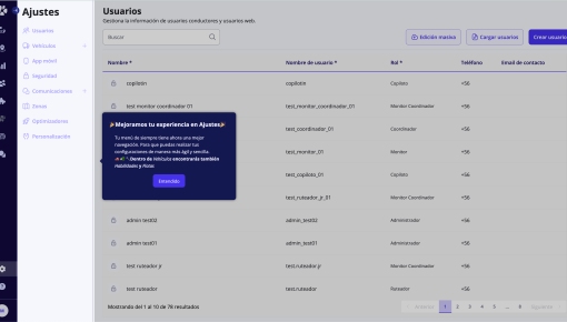 A Chameleon announcement on SimpliRoute's admin settings screen announcing a navigation change, with a confirmation CTA button.