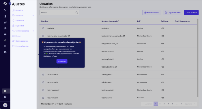 A Chameleon announcement on SimpliRoute's admin settings screen announcing a navigation change, with a confirmation CTA button.