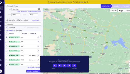 A Chameleon rating microsurvey in SimpliRoute asking users for feedback about a navigation redesign, with five emoji rating options.