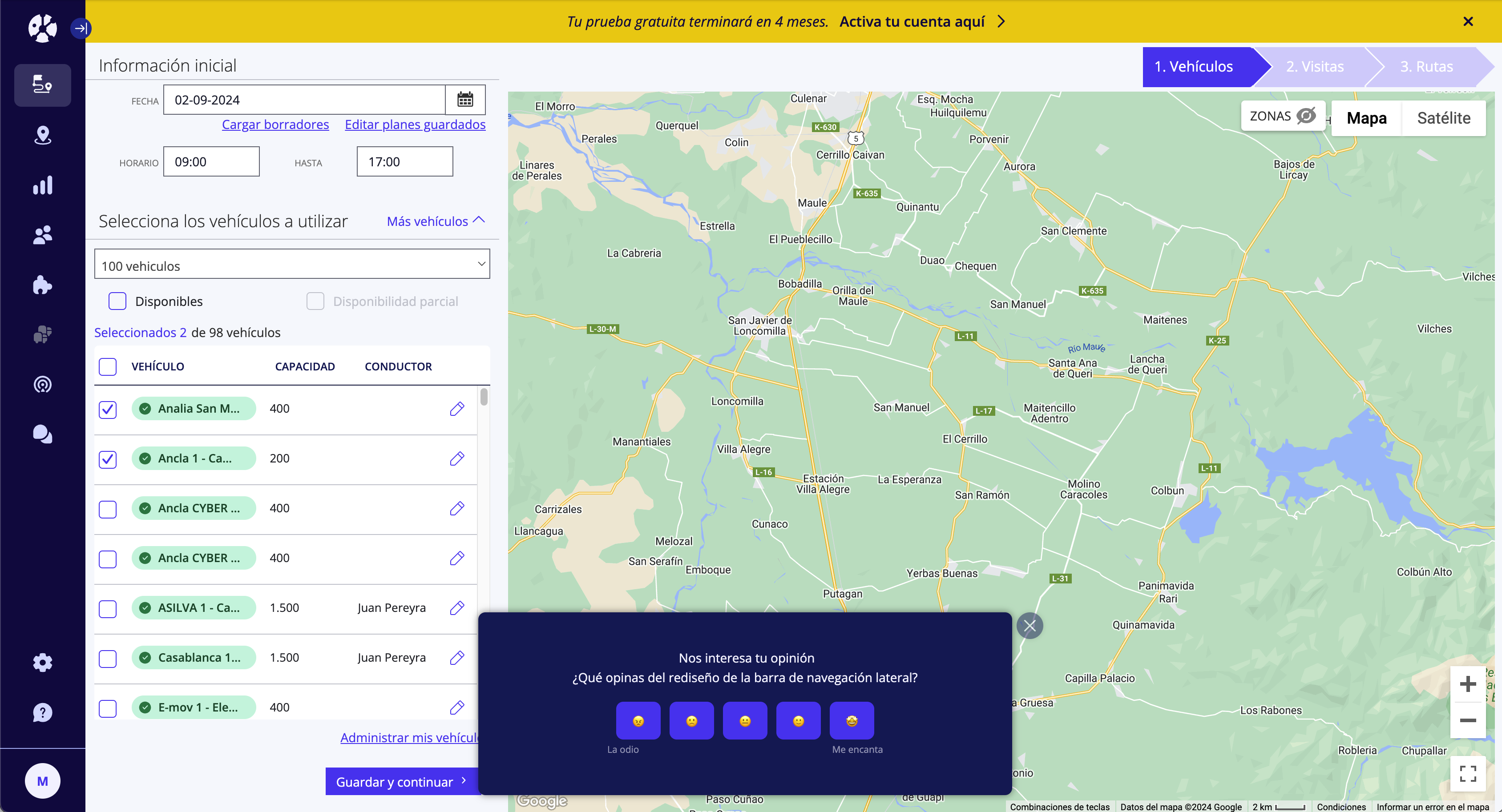 A Chameleon rating microsurvey in SimpliRoute asking users for feedback about a navigation redesign, with five emoji rating options.