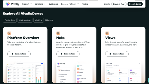 Vitally's Demo Center page listing interactive product tours by category for self-serve feature exploration.