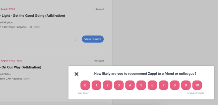 An NPS microsurvey in the Zappi dashboard collecting user loyalty feedback on a 0–10 scale.