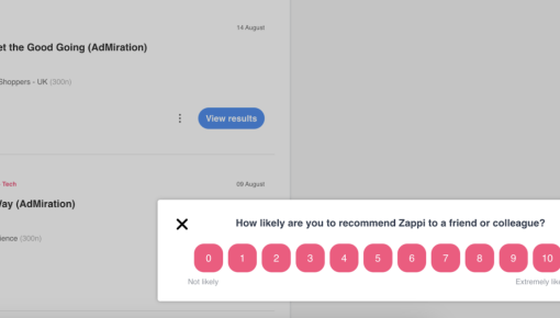 An NPS microsurvey in the Zappi dashboard collecting user loyalty feedback on a 0–10 scale.