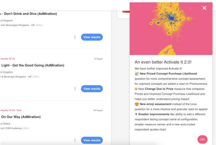 A Chameleon announcement in the Zappi dashboard delivering a product update, appearing as a slideout panel with a decorative header image and bulleted release notes.