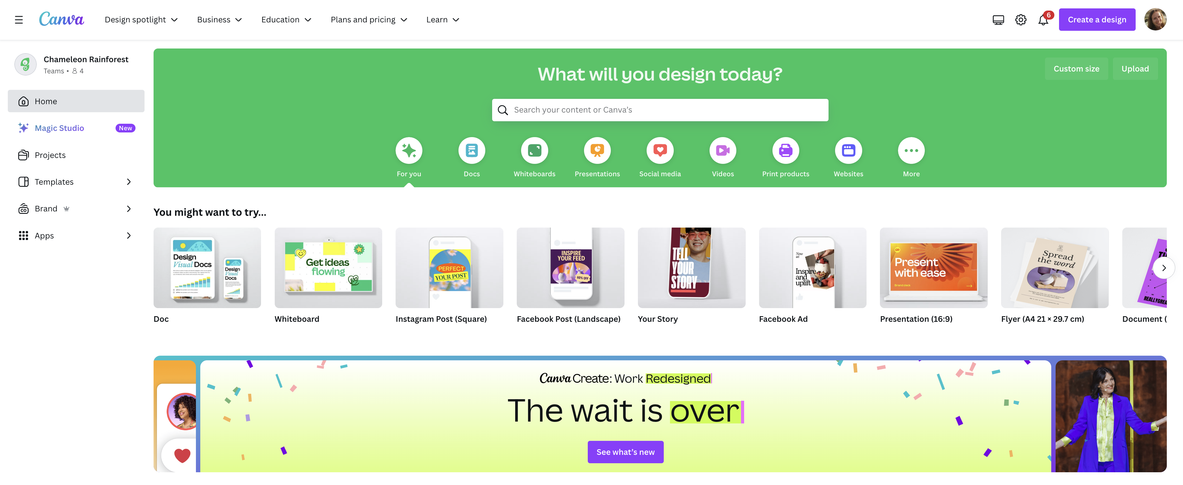The Canva homepage with an embedded in-app banner at the bottom announcing a product launch, with a 'See what's new' call to action.